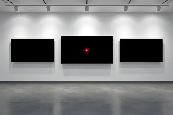 Três televisores sem marca lado a lado demonstrando diferenças visuais entre tecnologias OLED, Mini LED e LED convencional em galeria minimalista.