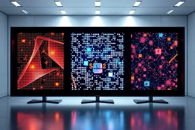 Comparação conceitual 3D das tecnologias de painel OLED, QLED e Mini LED com estruturas de pixel e iluminação distintas.
