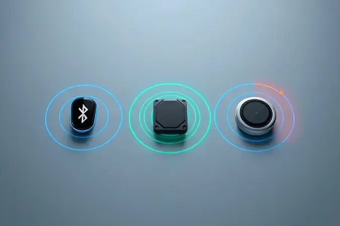 Comparação conceitual em 3D de três tecnologias de rastreamento Bluetooth, UWB e GPS com anéis de alcance distintos.