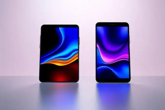 Comparação conceitual entre tecnologias de display OLED e LCD em dois smartphones com tela grande.