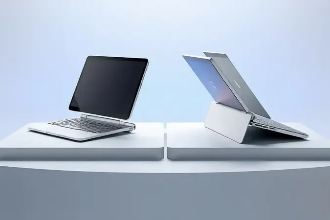 Comparação 3D lado a lado entre notebook 2 em 1 com tela removível e modelo com tela girável de 360 graus