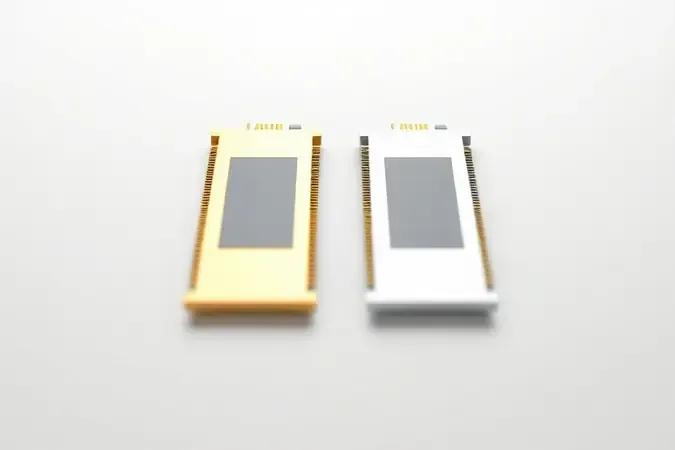 Render 3D comparando dois módulos de memória flash conceituais com acabamentos distintos representando tecnologias TLC e QLC NAND.