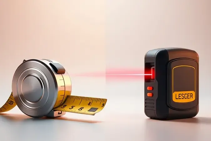 Render 3D comparando trena tradicional metálica e trena a laser moderna lado a lado medindo a mesma distância.