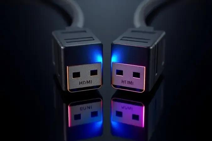 Comparação conceitual 3D entre duas versões de conectores HDMI com iluminação colorida distinta representando evolução tecnológica