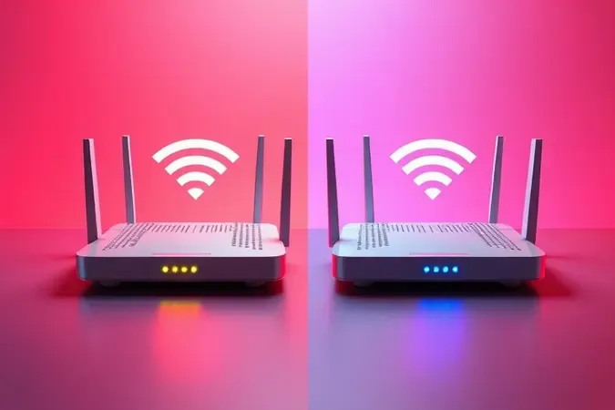 Comparação conceitual entre roteadores Wi-Fi 6 e Wi-Fi 5 com ondas de sinal contrastantes em renderização 3D.
