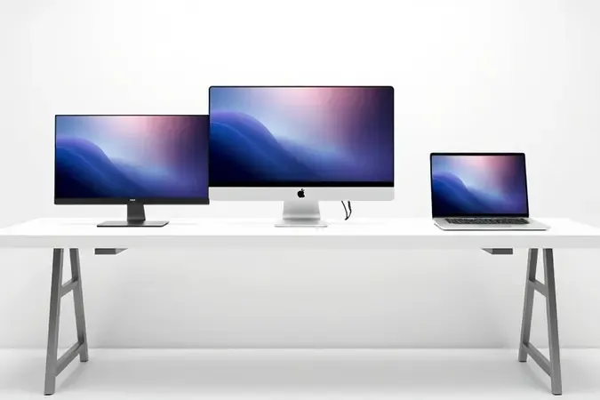 Comparação visual 3D entre computador all in one, desktop tradicional e notebook lado a lado em estúdio