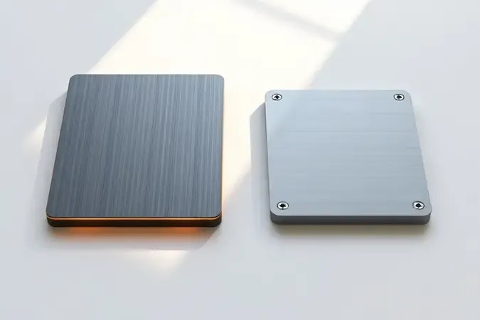 Render 3D conceitual comparando representações abstratas de armazenamento SSD ultrarrápido e eMMC tradicional.
