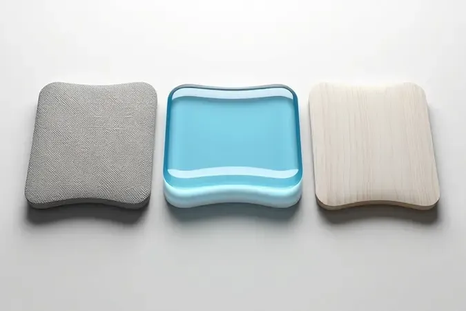 Comparação visual de três tipos de materiais para apoio de punho: espuma viscoelástica, gel translúcido e madeira clara em renderização 3D.