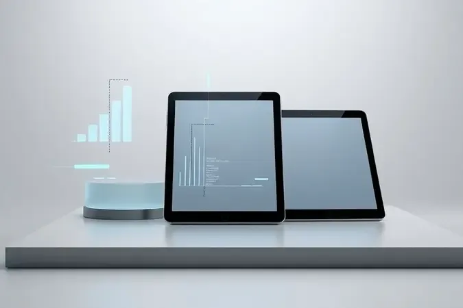 Comparação lado a lado de tablets modernos com elementos geométricos abstratos representando especificações técnicas