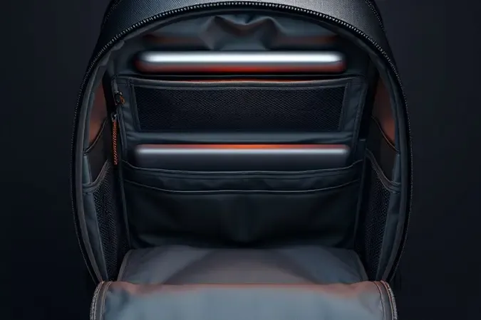 Interior de mochila com múltiplos compartimentos, bolsos organizadores e sleeve para notebook em render 3D conceitual.