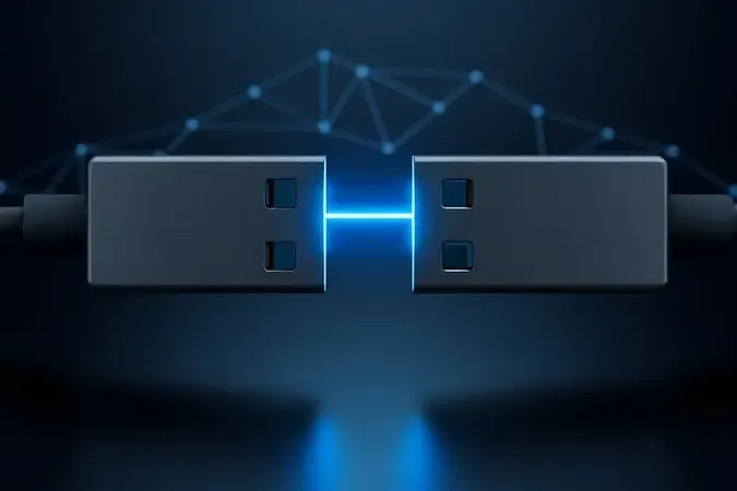 Renderização 3D abstrata representando compatibilidade entre tecnologias USB-C, DisplayPort e Thunderbolt.