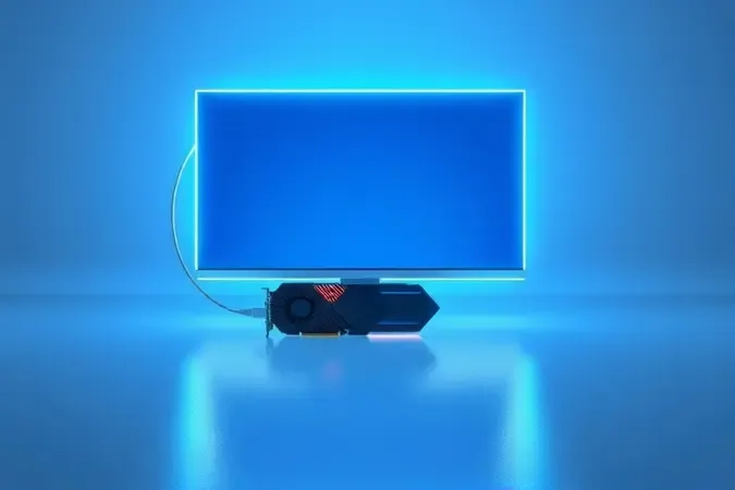 Render 3D conceitual de monitor e placa de vídeo conectados por fluxos de dados luminosos abstratos