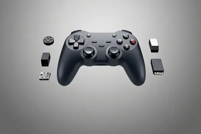 Render 3D em vista expandida mostrando componentes internos e externos de um controle para PC com destaque para analógicos e gatilhos.