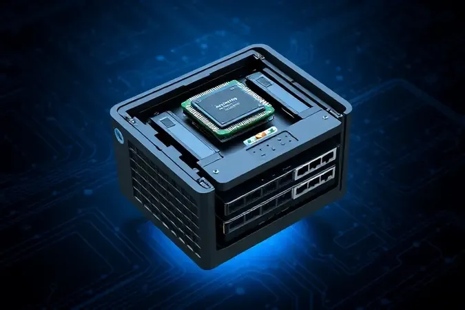 Vista explodida 3D de componentes internos essenciais de um NAS: processador, RAM, portas de rede e baias.