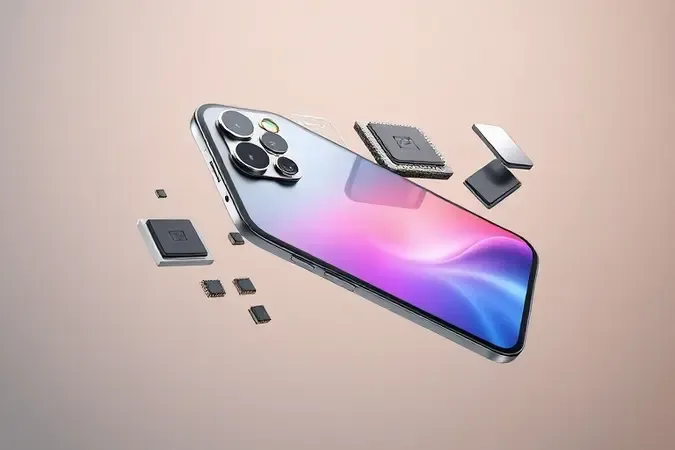Renderização 3D conceitual em vista explodida mostrando componentes internos de smartphone moderno com iluminação suave de estúdio.