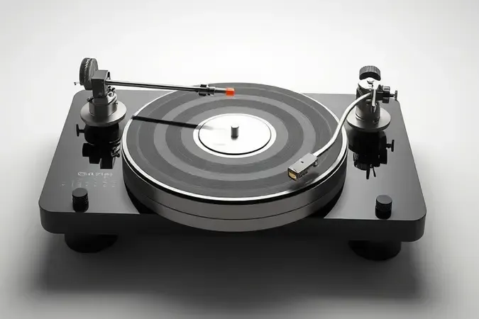 Componentes essenciais de um toca-discos em renderização 3D conceitual com braço, cápsula e prato.