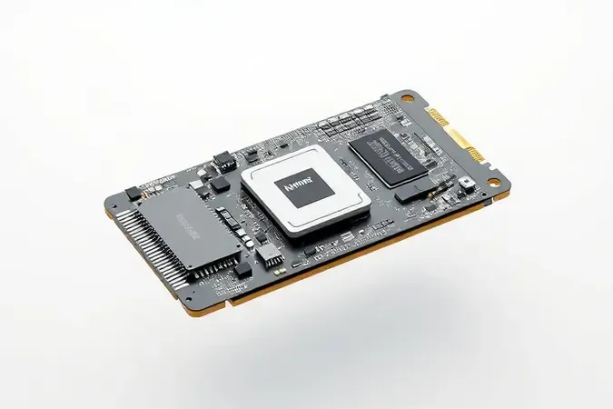 Render 3D conceitual mostrando componentes internos de um SSD M.2 NVMe em vista explodida