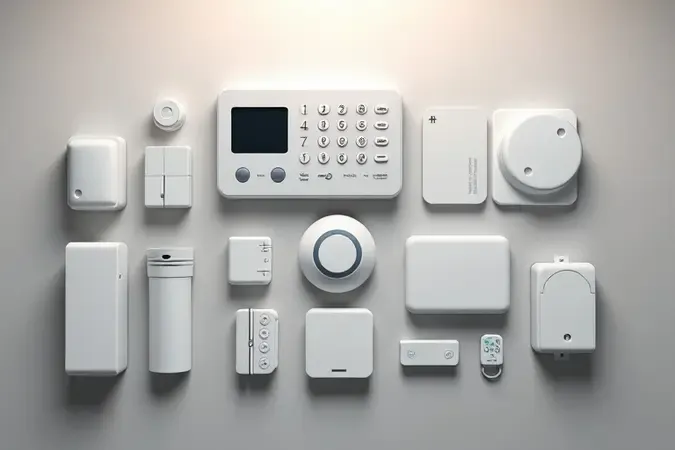 Componentes do kit de alarme residencial organizados em estilo flat-lay com renderização 3D, incluindo central, sensores e sirene.