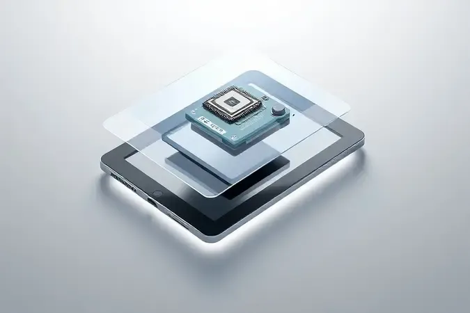Vista explodida conceitual dos componentes internos de um tablet gamer moderno em renderização 3D.