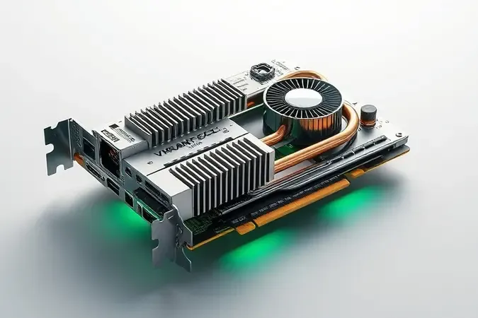 Renderização 3D conceitual de componentes técnicos de GPU em vista explodida com iluminação suave de estúdio.