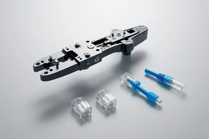 Renderização 3D conceitual da estrutura interna de um alicate de crimpar com conectores RJ-45 e cabos de rede