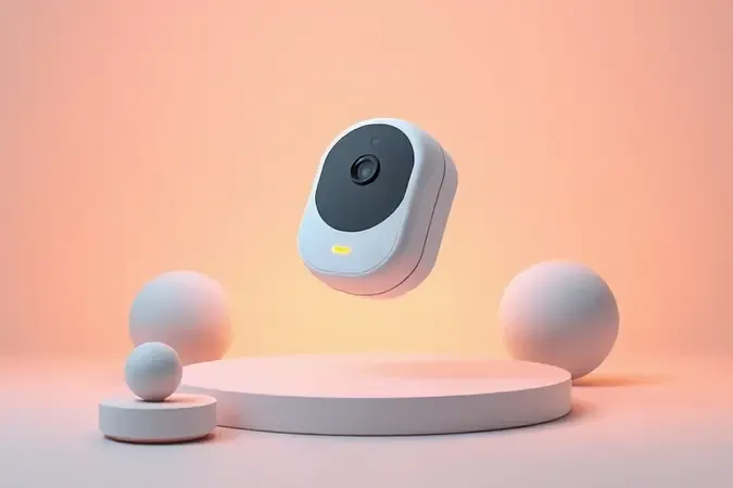Conceito 3D de babá eletrônica com dispositivo moderno e formas geométricas abstratas em fundo neutro e iluminação profissional.