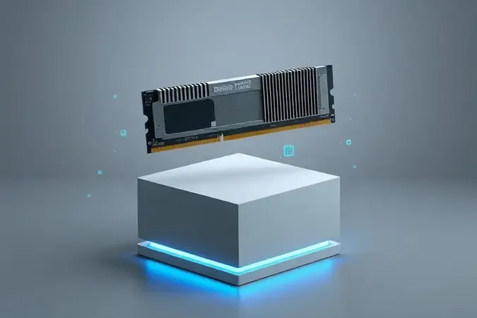 Representação conceitual 3D de módulo de memória RAM com design moderno, superfícies limpas, ilustrando o funcionamento da memória de acesso aleatório.