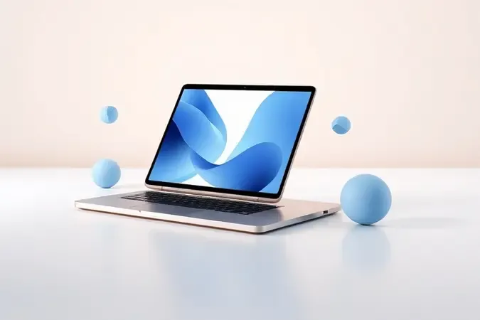 Renderização 3D conceitual de notebook 2 em 1 em transição entre modo laptop e tablet com formas abstratas flutuantes