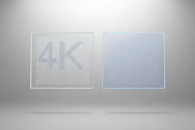 Conceito abstrato de resolução de tela comparando densidade de pixels entre Full HD e 4K com superfícies de vidro minimalistas.