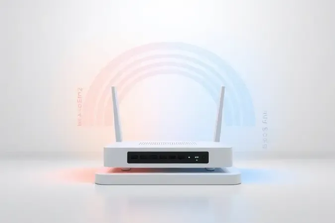 Render 3D conceitual ilustrando as duas bandas de frequência de um roteador dual band com ondas em tons âmbar e azul.