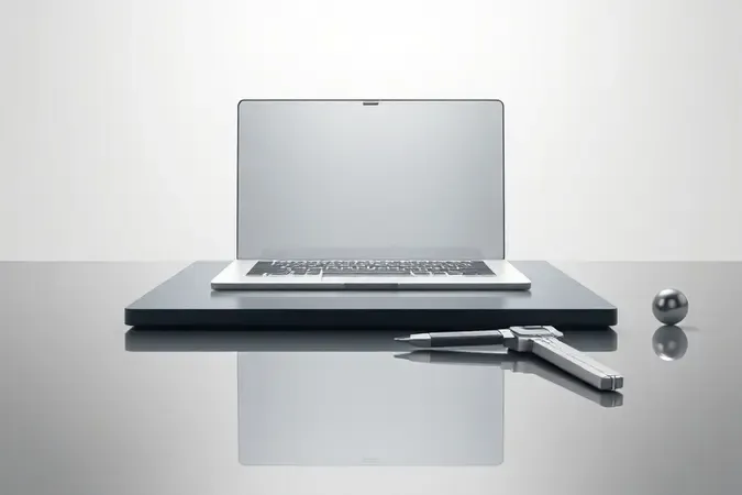 Renderização 3D conceitual ilustrando o design ultrafino e premium de um ultrabook moderno sobre superfície minimalista.