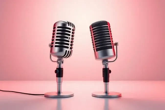 Render 3D conceitual comparando microfone condensador e dinâmico lado a lado em superfície minimalista com iluminação contrastante.
