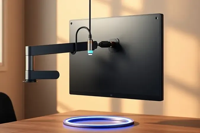 Render 3D de monitor em braço articulado ergonômico com cabos USB-C, HDMI e DisplayPort flutuando com pontas luminosas abstratas.