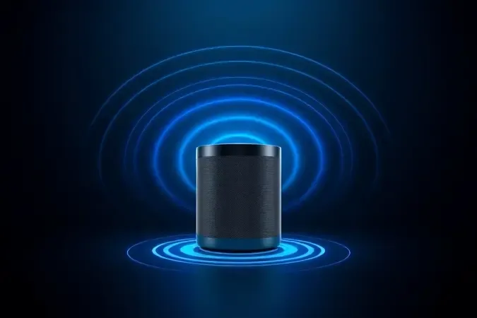 Render 3D conceitual de caixa de som com ondas luminosas abstratas representando conectividade Bluetooth sem fio.