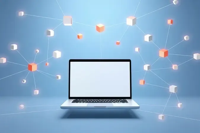 Composição 3D conceitual com notebook e rede abstrata de conexões luminosas representando ferramentas didáticas digitais.