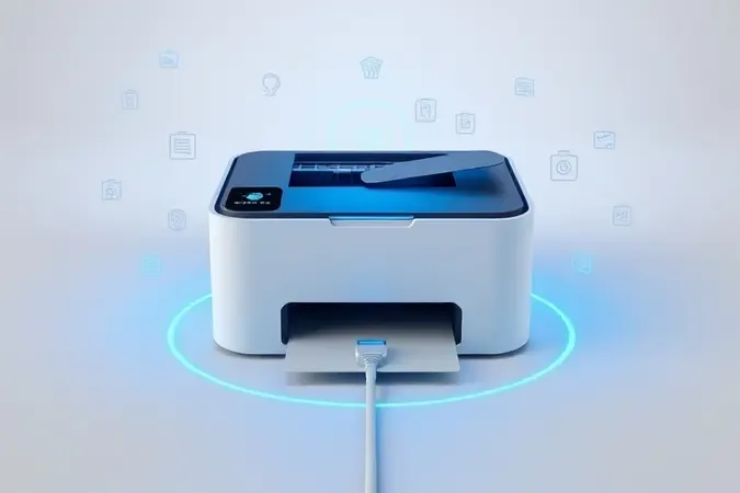 Render 3D conceitual de impressora com sinais abstratos de conectividade Wi-Fi, Bluetooth e Ethernet.
