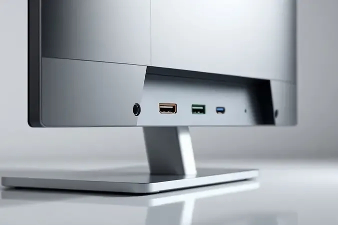 Renderização 3D conceitual de conexões essenciais de um monitor 4K com portas abstratas e elegantes.