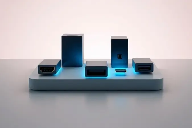 Renderização 3D conceitual de portas de conectividade modernas HDMI, DisplayPort e USB-C em composição elegante e minimalista.