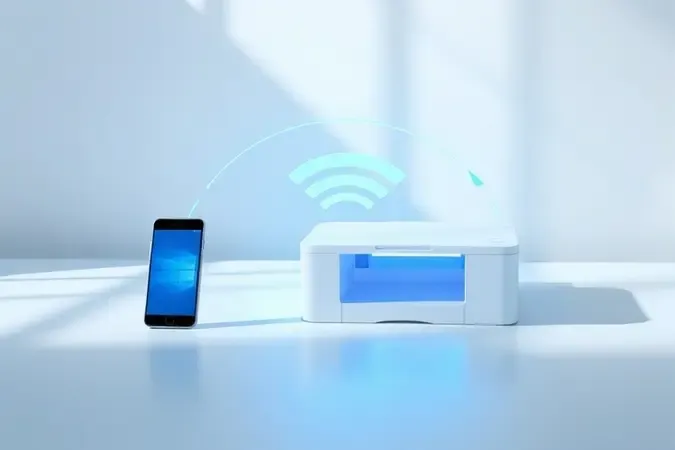 Conceito 3D de conectividade sem fio entre dispositivos móveis e impressora com ondas de sinal Wi-Fi translúcidas