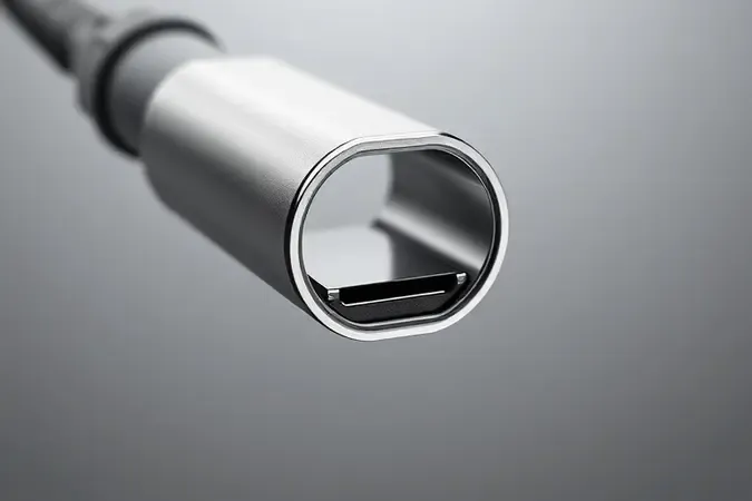 Representação conceitual em 3D de um conector USB-C moderno com design simétrico e minimalista sobre superfície neutra.