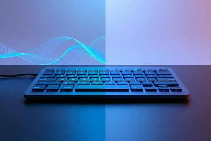 Render 3D conceitual comparando conexão com fio e sem fio com ondas de sinal abstratas em tons azuis.