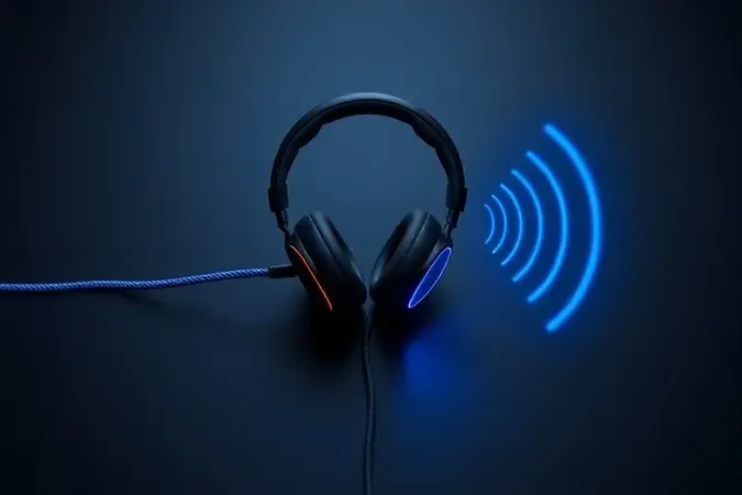 Render 3D conceitual comparando headset gamer com fio e wireless, com cabo trançado e ondas de sinal abstratas em tons de azul.