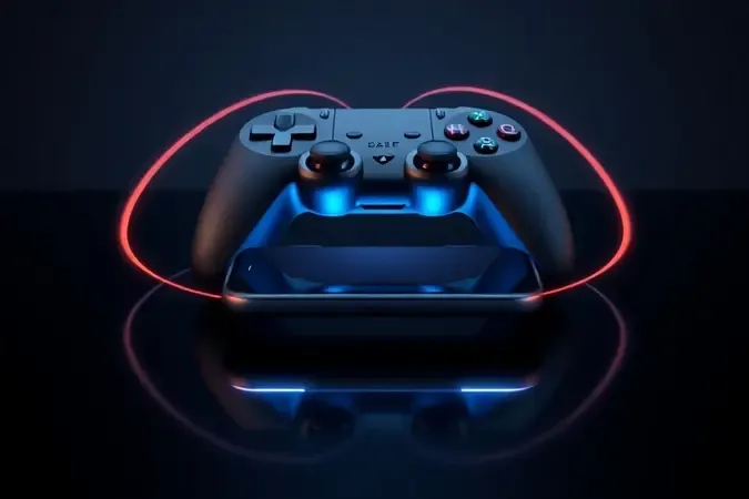 Render 3D conceitual de gamepad e smartphone conectados por ondas de dados luminosas representando baixa latência sem fio.