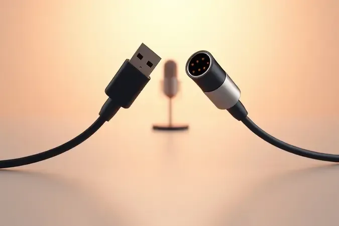 Render 3D conceitual de cabos com conectores USB e XLR sobre superfície limpa com silhueta de microfone ao fundo.