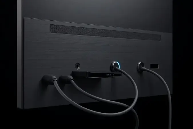 Conceito 3D de conexões de TV com portas HDMI e USB estilizadas e design clean de cabos.