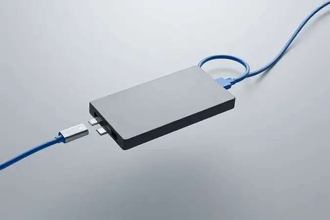 Renderização 3D de SSD externo com cabos USB-C e Thunderbolt fluindo ao redor em composição minimalista e sofisticada.