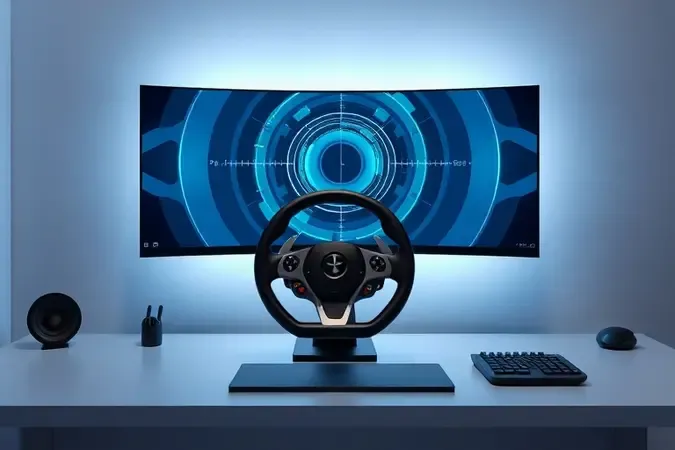 Renderização 3D conceitual de volante de corrida diante de monitor exibindo padrões abstratos de calibração em setup limpo e moderno.