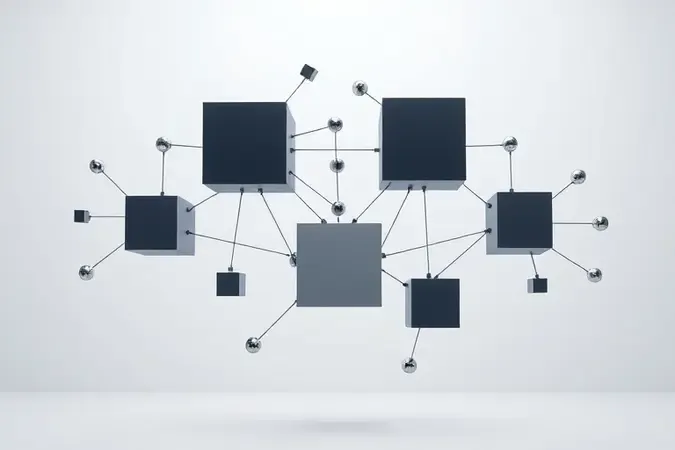 Componentes modulares geométricos interconectados em renderização 3D representando configuração ideal de notebook para trabalho.
