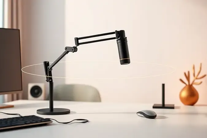 Configuração conceitual de microfone em braço articulado com guias visuais abstratas de posicionamento ideal para streaming ao vivo.