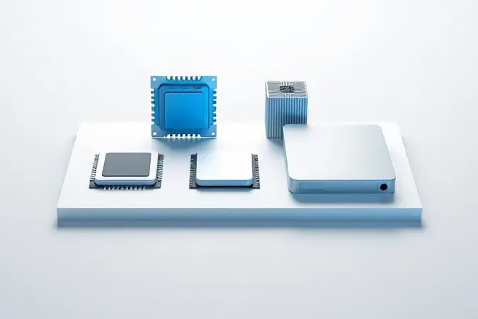 Representação conceitual de configurações de hardware em composição 3D minimalista.